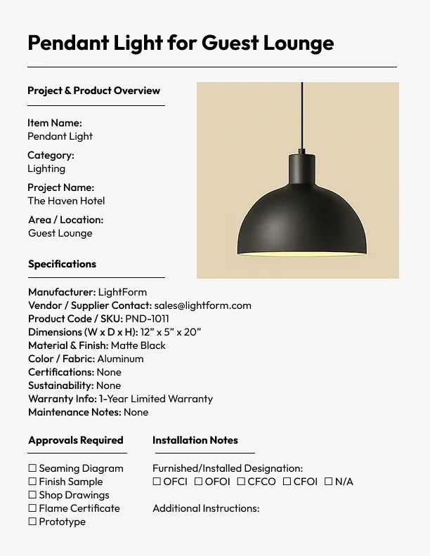 An example FF&E specification for a pendant light