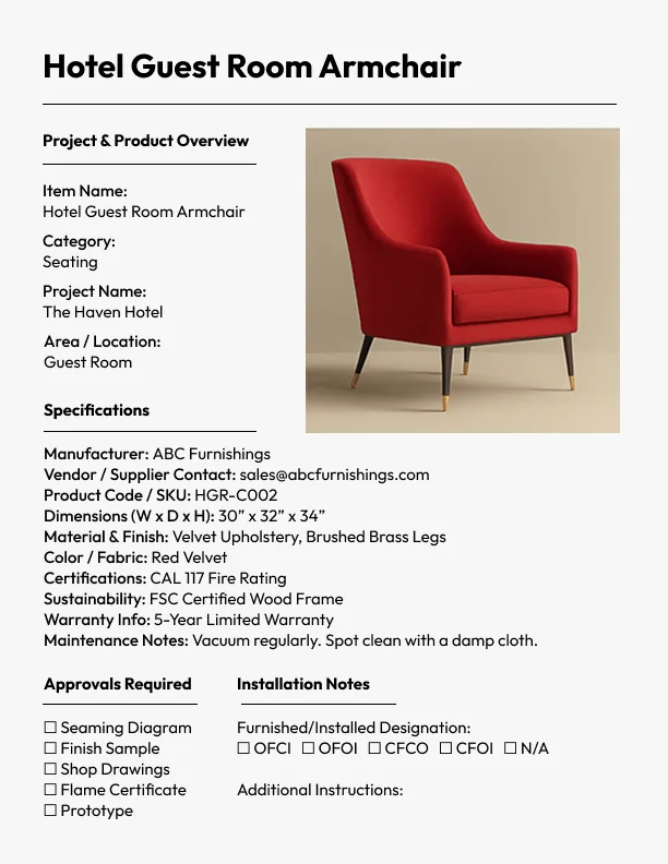An example FF&E specification for a hotel guest room armchair