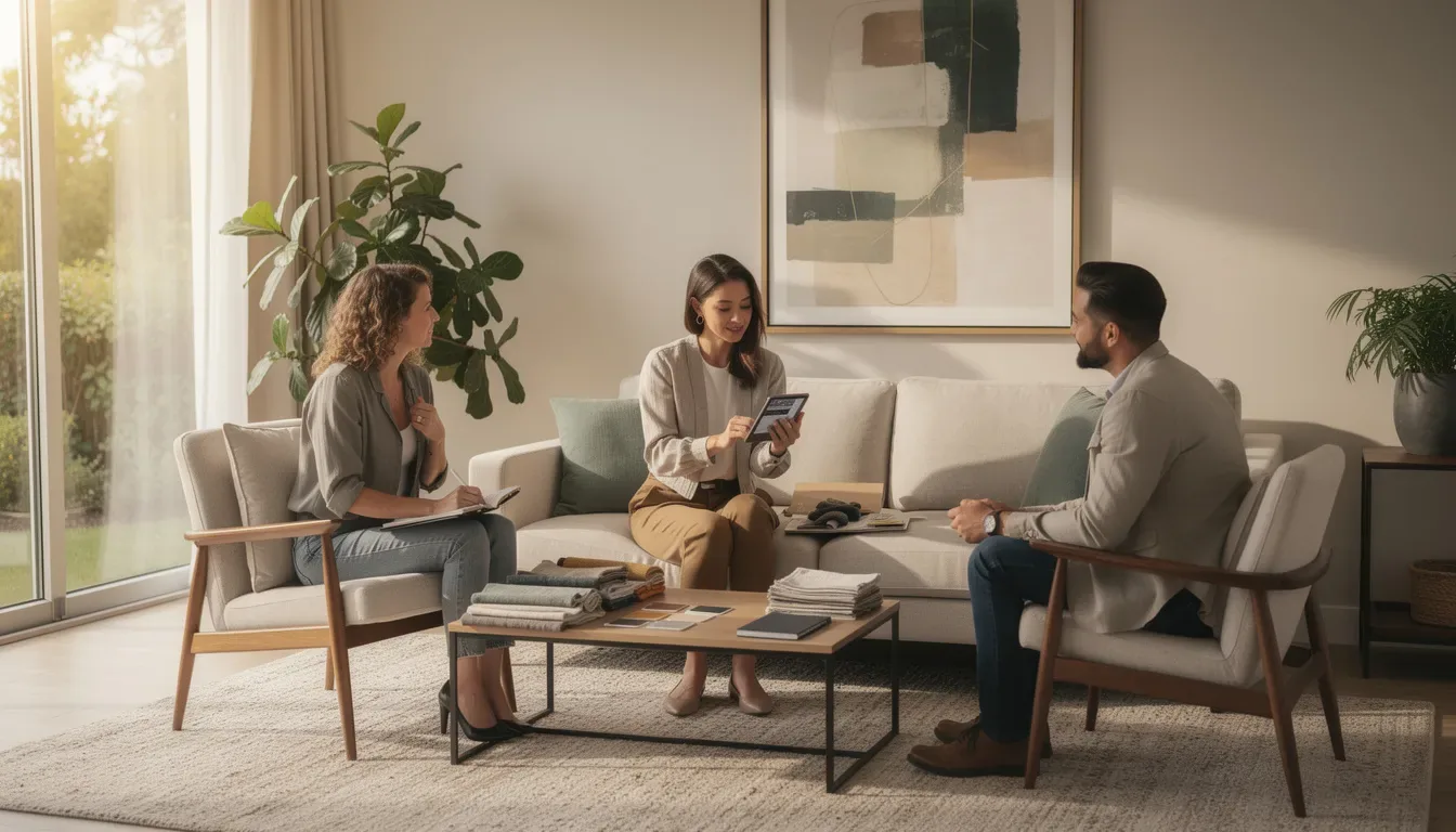 An interior designer is consulting with clients in a beautifully designed living room during their initial meeting, discussing the scope of the project and various interior design services. The inviting space features stylish furniture and decor, creating a comfortable atmosphere for this important discussion about design costs and fee structures.